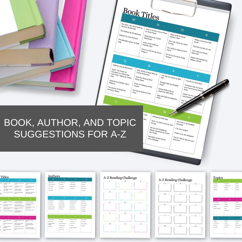 Preview of the A-Z reading challenge printable template, in color and black and white. Text reads Book, author, and topic suggestions for A-Z