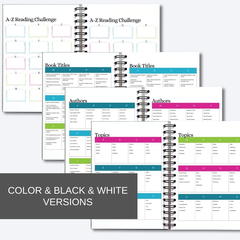 Preview of the color version of the A-Z reading challenge printable template. Text reads Color and black and white versions.