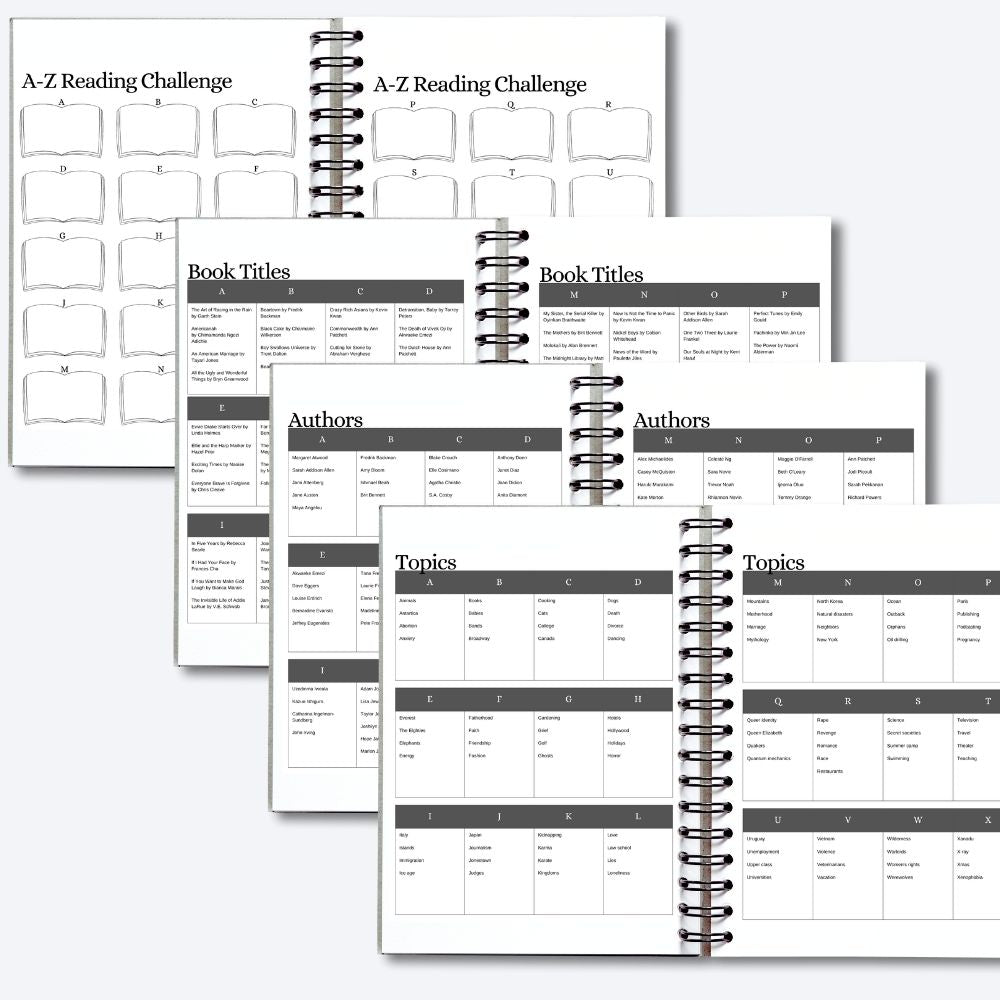 Preview of the A-Z reading challenge printable template, in black and white.