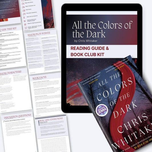 The novel All the Colors of the Dark, laying across the book club kit and previews of the pages inside.