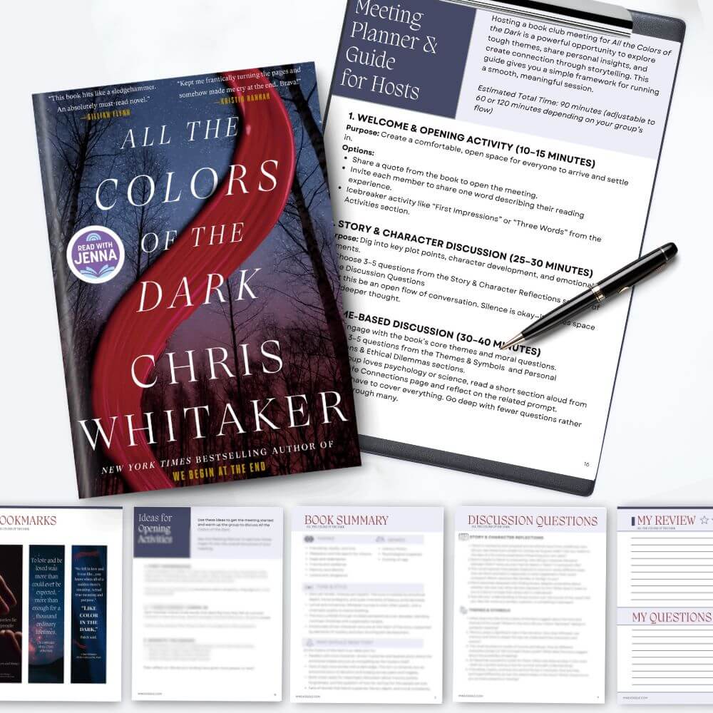 The novel All the Colors of the Dark beside a clipboard with the Meeting Planner and Guide for hosts, above several preview pages from the book club kit.
