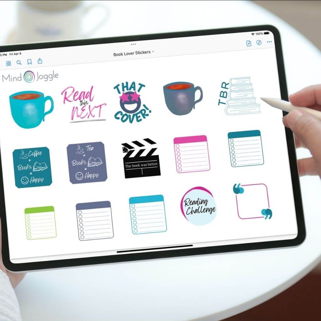 Digital stickers for book lovers shown on an iPad. A person is using an iPencil to use the stickers.