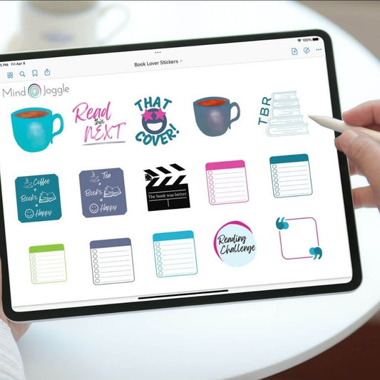 Digital stickers for book lovers shown on an iPad. A person is using an iPencil to use the stickers.