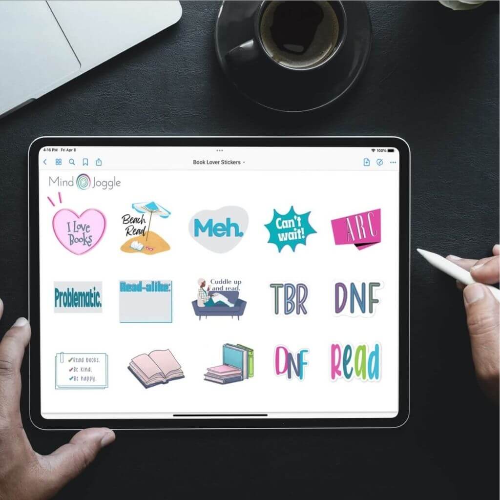 Book-themed digital stickers on an iPad being used by someone holding an iPencil.