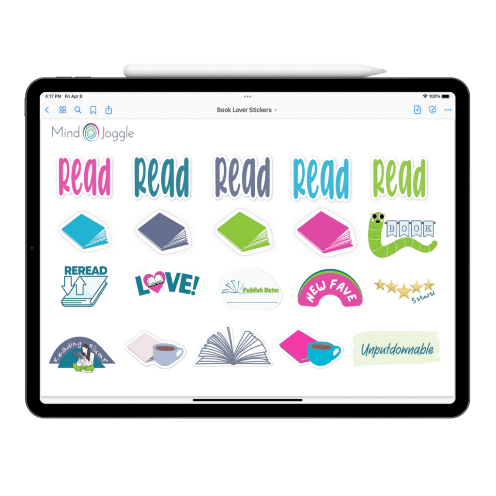 Bookish digital stickers shown on an iPad.