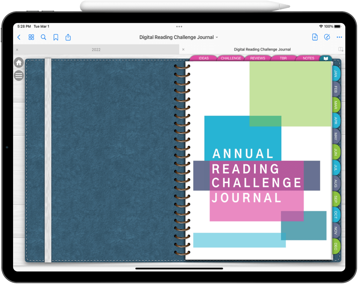 Preview of the digital reading challenge journal shown on an iPad in the GoodNotes app.