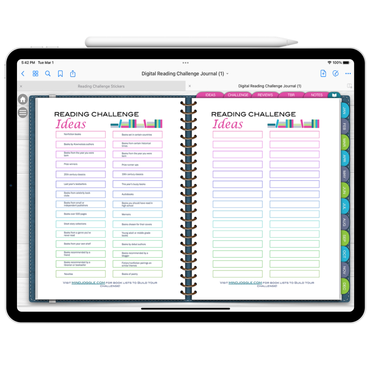 Preview of reading challenge ideas pages in the digital reading challenge journal shown on an iPad in the GoodNotes app.