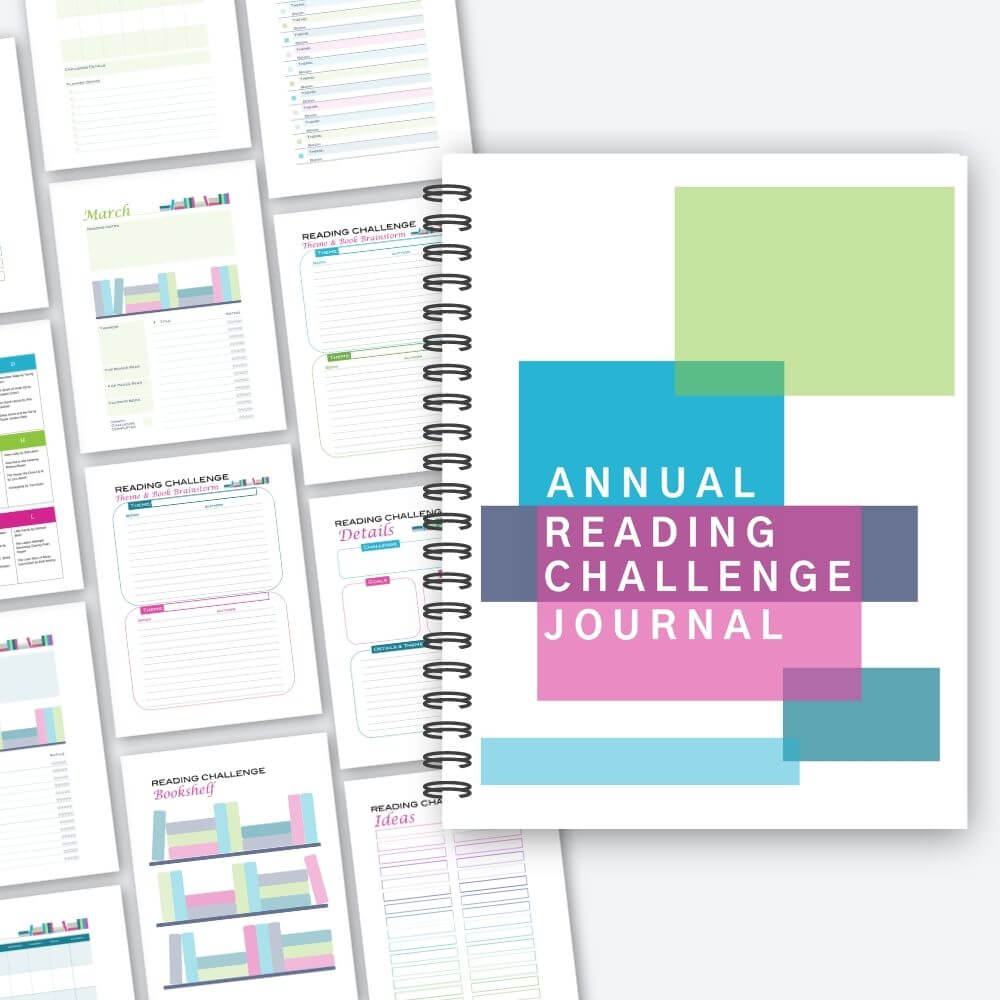 Preview mockup of printable reading challenge journal templates