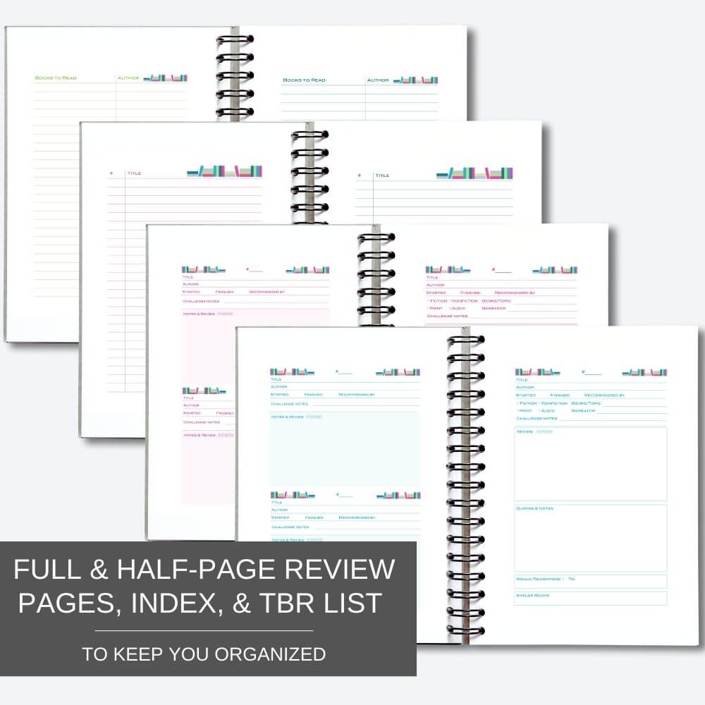 Preview mockup of review, index, and TBR pages from the printable reading challenge journal templates. Text reads Full and half-page review pages, index, and TBR list to keep you organized.