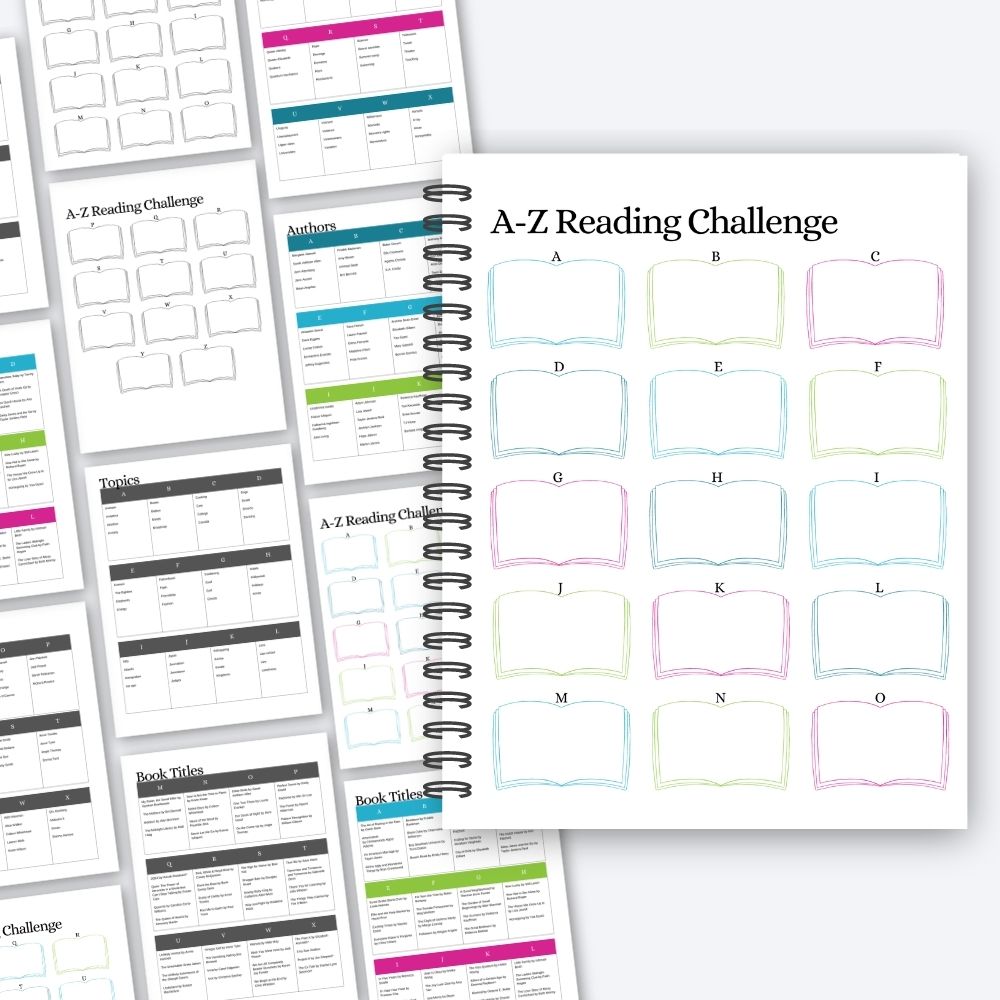 Preview of the A-Z reading challenge printable template, in color and black and white