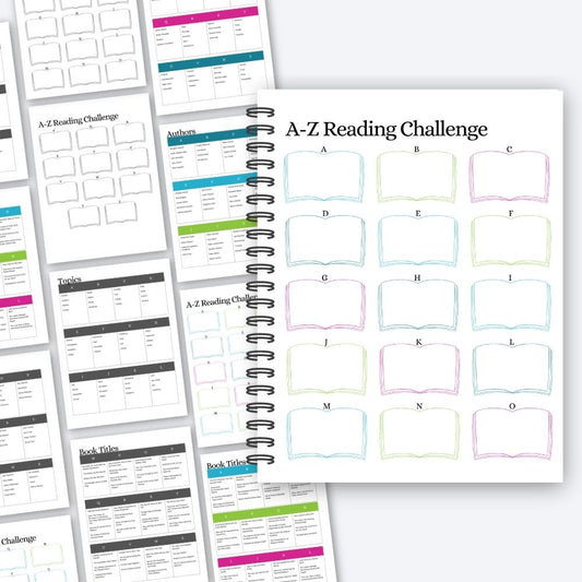 Preview of the A-Z reading challenge printable template, in color and black and white