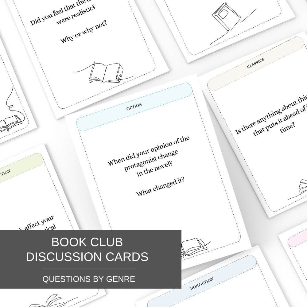 Rows of printable book club discussion question cards, with questions by genre.