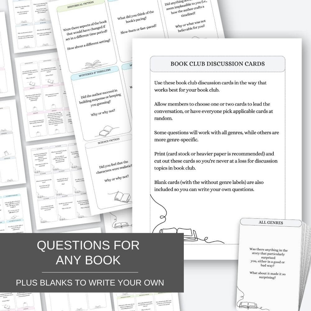 Preview of the pages of printable book club discussion question cards.