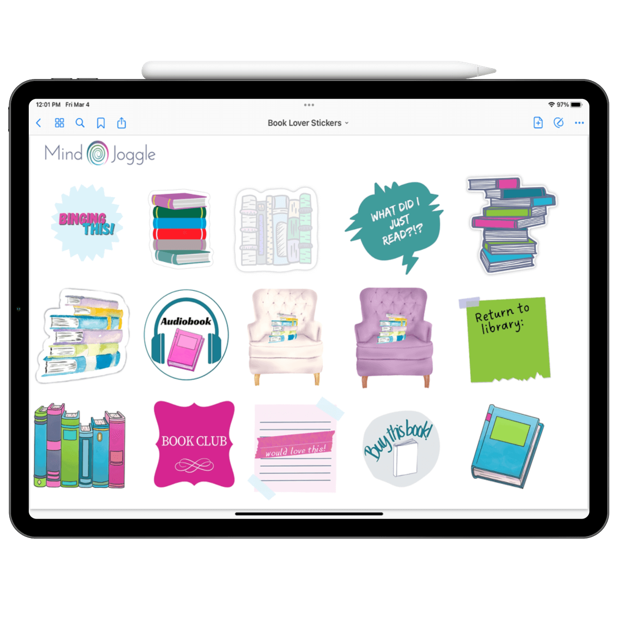 Digital stickers for book lovers shown on an iPad. 