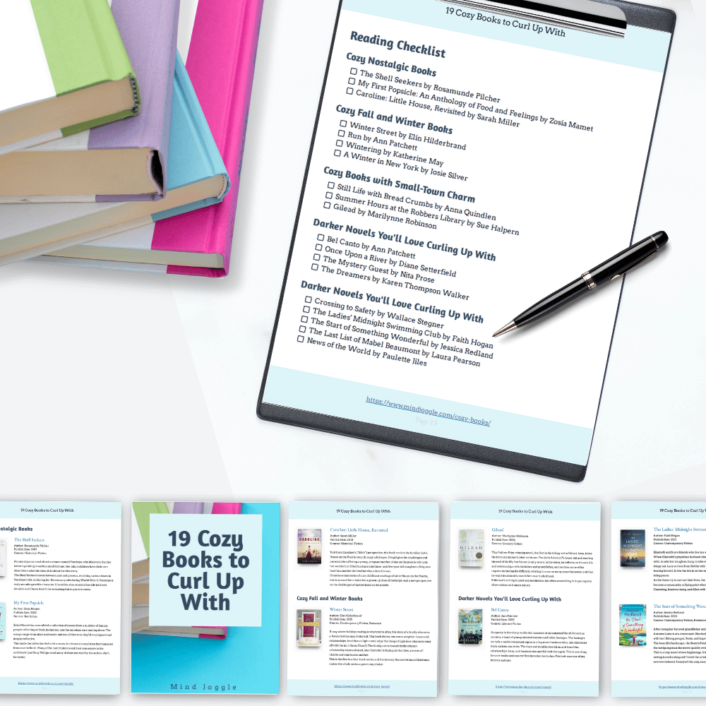 Preview of the printable list and checklist 19 Cozy Books to Curl Up With