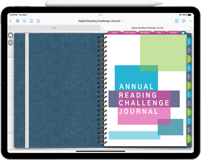 Preview of the digital reading challenge journal shown on an iPad in the GoodNotes app.