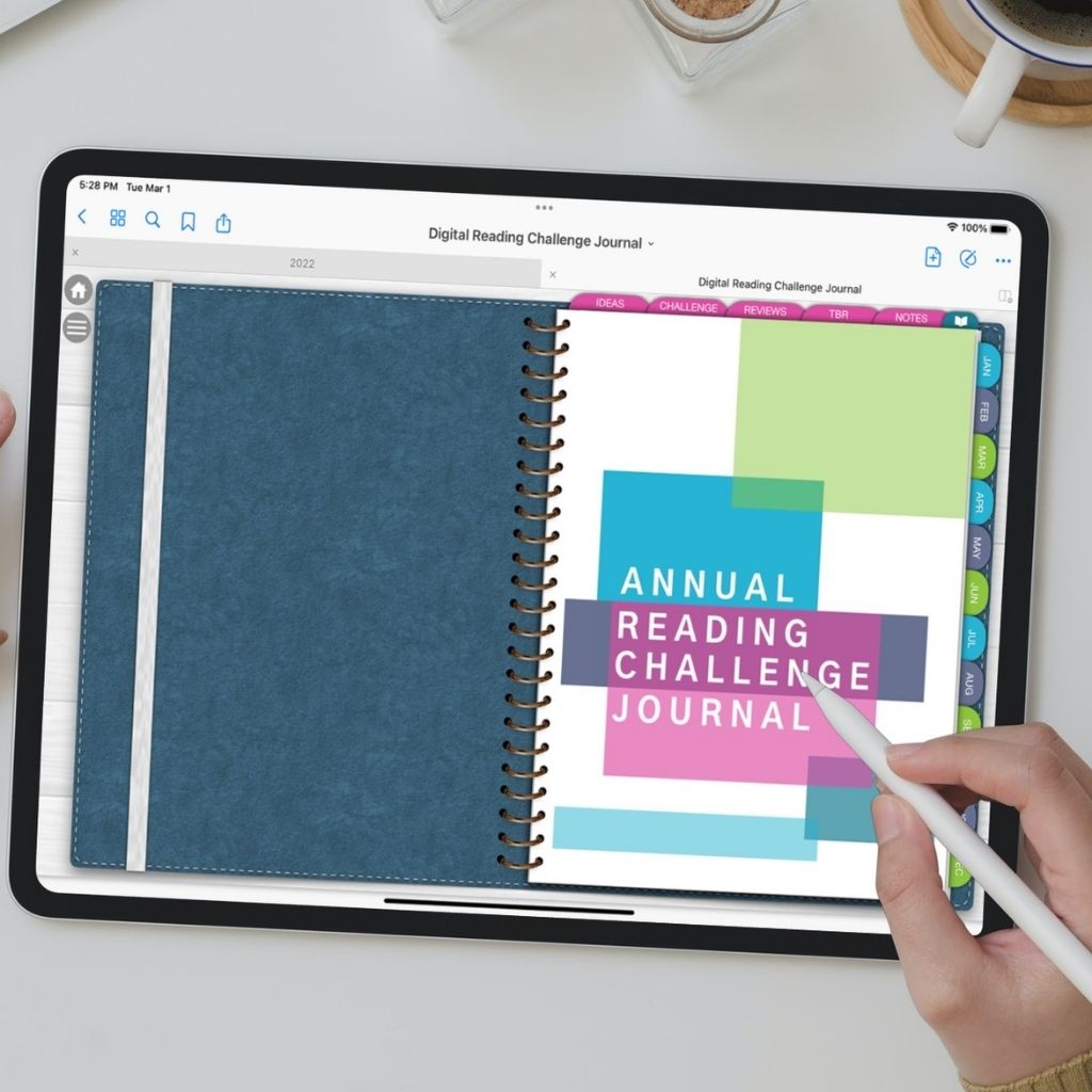 Preview of the digital reading challenge journal shown on an iPad in the GoodNotes app.