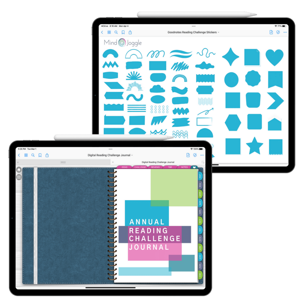 Preview of digital stickers and the digital reading challenge journal shown on an iPad in the GoodNotes app.