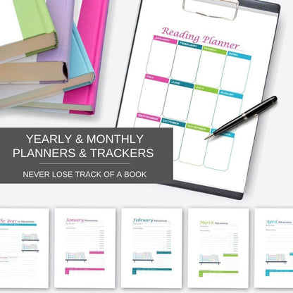 Preview mockup of the yearly and monthly planning pages in the printable Annual Reading Planner and Journal templates. Text reads Yearly and monthly planners and trackers. Never lose track of a book.