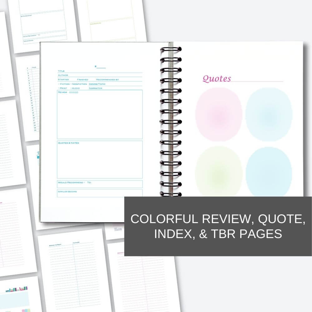 Preview mockup of the quote and review pages in the printable Annual Reading Planner and Journal templates. Text reads Colorful review, quote, index, and TBR pages.