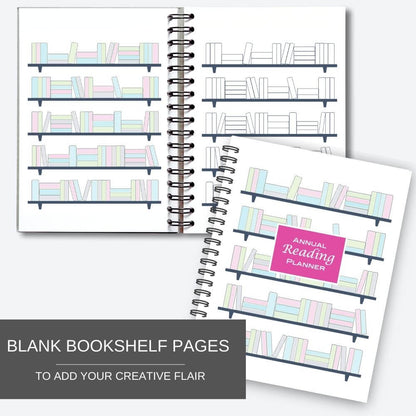 Preview mockup of the bookshelf pages in the printable Annual Reading Planner and Journal templates. Text reads Blank bookshelf pages to add your creative fiair.