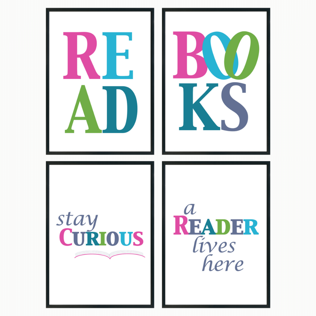 Set of four printable reading posters in jewel colors. The posters are printed with READ, BOOKS, Stay Curious, A Reader Lives Here.