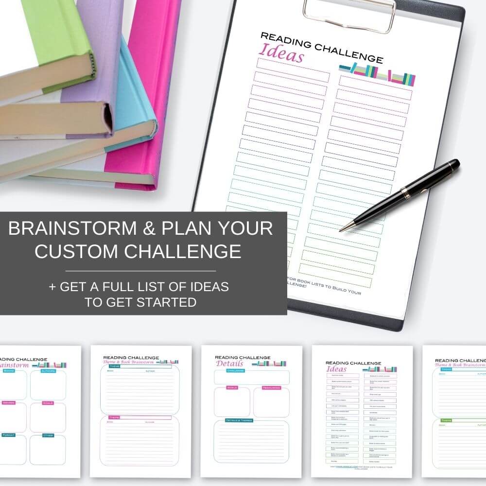Preview mockup of printable reading challenge journal templates. Text reads Brainstorm and plan your custom challenge, plus get a full list of ideas to get started.