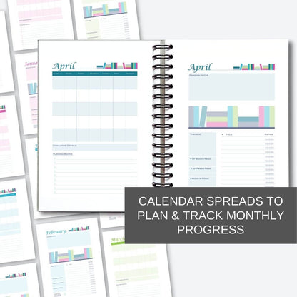 Preview mockup of calendar spreads from the printable reading challenge journal templates. Text reads Calendar spreads to plan and track monthly progress.