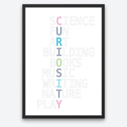 Playroom wall art with Curiosity written in pastel colors vertically, with grayed out words intersecting horizontally. From top, they read Science, Fun, Art, Building, Books, Music, Writing, Nature, Play.